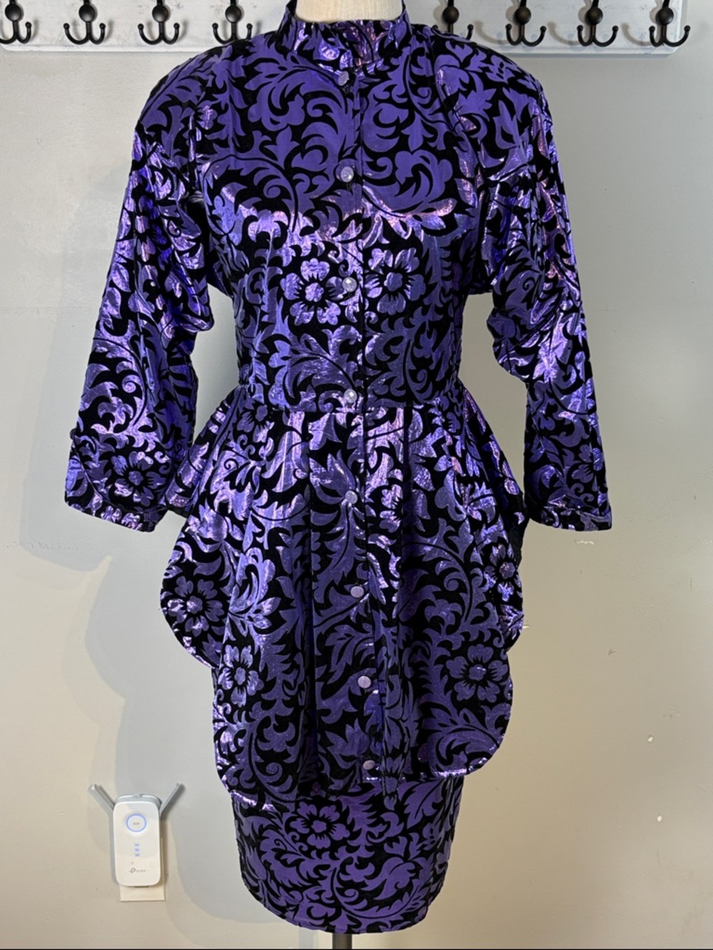 36. Vintage 80's Maximalist Purple Velvet Burnout Skirt & Jacket Sculpted Peplum